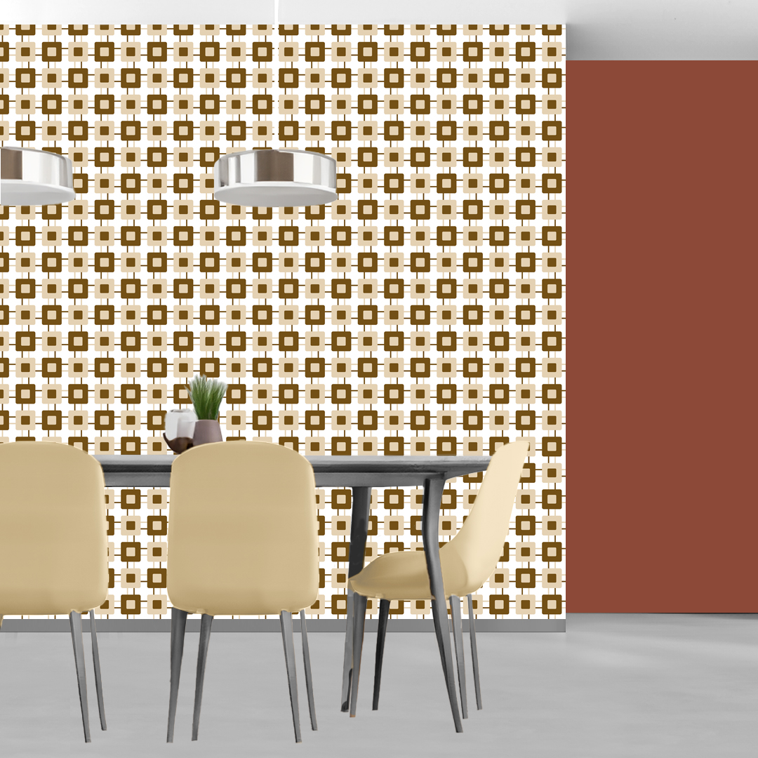 The artwork features a repeating geometric pattern of symmetrical shapes resembling elongated, curved diamonds or petals in various shades of blue and green. Each shape is split vertically with one half filled with a light blue and the other half filled with green or darker blue. The background is a light, almost pastel blue, which provides a soft yet vibrant backdrop. One of the blue shapes near the upper left contains a white starburst element, adding a focal point of brightness to the composition. The overall design conveys a modern, mid-century aesthetic with clean lines and harmonious color contrasts.